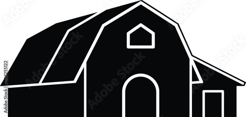 Black barn silhouette vector illustration, farm building icon for rural agriculture design, rustic countryside shed architectural element for ranch and farmhouse branding.