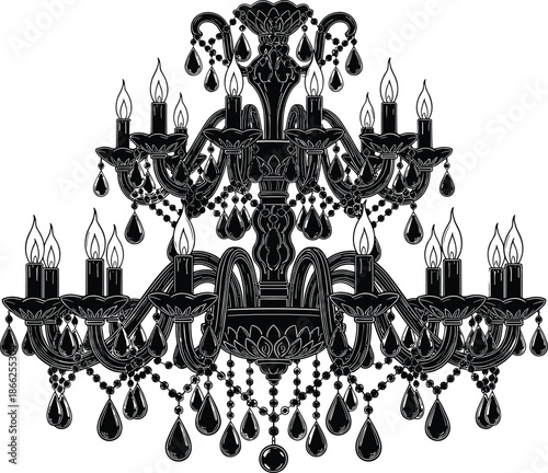 Black chandelier silhouette vector illustration, ornate crystal lamp with candles and hanging pendants, vintage luxury ceiling light fixture icon for interior design.