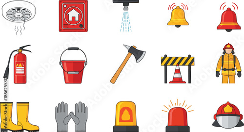 Fire Safety and Emergency Equipment Vector Icon Set with Alarm Bells, Firefighter Gear, Extinguisher, Warning Signs, and Protection Tools Illustration