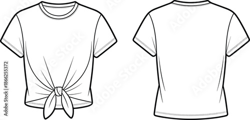 White front and back t-shirt technical flat sketch, female crop top with front tie knot detail, apparel design mockup template.