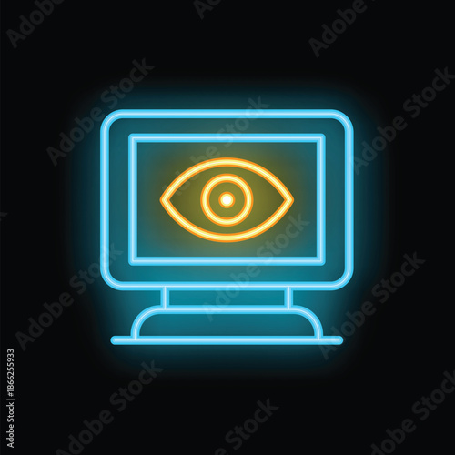 Glowing neon line icon of a computer screen showing an eye symbol, representing concepts like online surveillance and data privacy