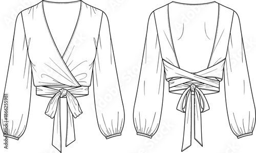 Women Wrap Crop Top Technical Sketch Template, Long Sleeve Tie Front Blouse CAD Drawing Flat Vector Illustration Front Back View,