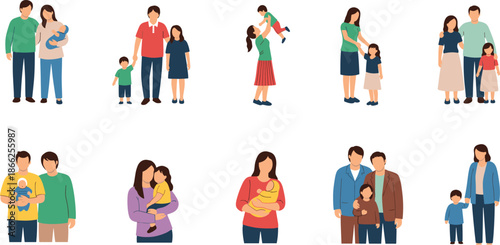 Happy Family Character Vector Illustration Set Showing Parents with Children, Mothers Holding Babies, and Loving Family Moments in Flat Cartoon Style