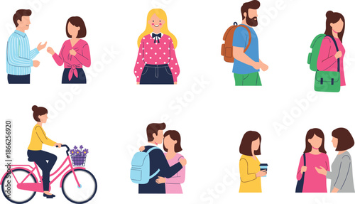 Modern People Lifestyle Vector Illustration Set Showing Communication, Friendship, Walking, Cycling, Hugging, and Social Interaction in Flat Cartoon Style