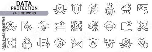 Data Protection line icons set with Cybersecurity, Cloud, Security, Encryption, Privacy, Network