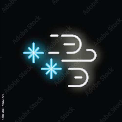 Neon icon of wind blowing snowflakes on a black background, perfect for representing winter weather