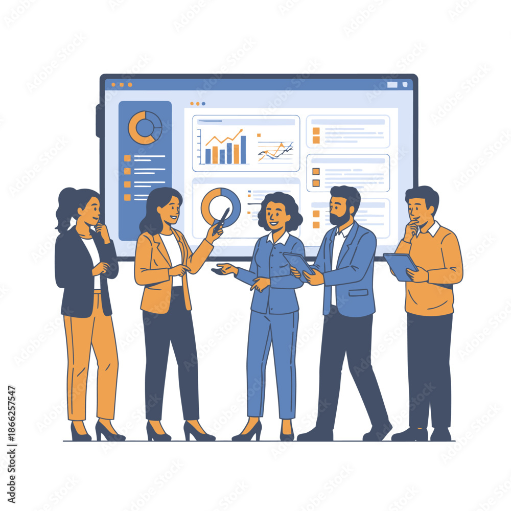 Obraz premium Diverse professional team of five people reviews project milestones on a large interactive screen in a modern conference room, rendered in a 2D flat graphic illustration style