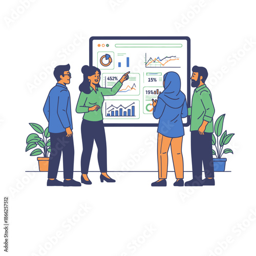 Diverse professional team conducts a dynamic stand up meeting, reviewing project metrics displayed on a high tech interactive whiteboard, illustrated in a clean 2D flat graphic style