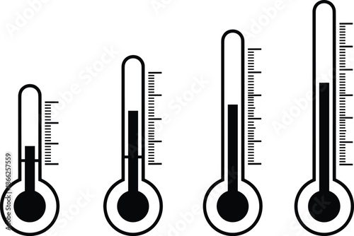 Thermometer vector set featuring temperature measurement icons in minimal black style for weather science and health design