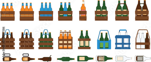Beer Bottle and Crate Vector Illustration Set Featuring Glass Bottles, Wooden Carriers, Beverage Packaging, and Brewery Distribution Elements in Flat Style