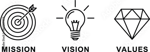 Mission vision values icon vector set featuring target lightbulb diamond symbols for business branding and corporate identity