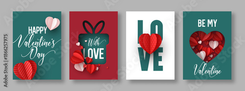 Set of Valentine's Day greeting cards with 3D paper cut hearts, gift box and romantic typography. Vector templates for holiday banners, posters and invitations in red, teal and white colors.