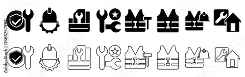 Set of construction and repair icons, including safety, tools, helmet, wrench, vest, and house symbols, in black, white, and outline variations, flat vector illustration for maintenance, work.