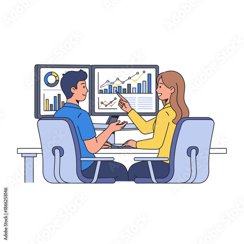 Flat 2D graphic illustration of young colleagues happily collaborating at an ergonomic dual monitor desk, pointing at data visualization on a shared screen during productive brainstorming