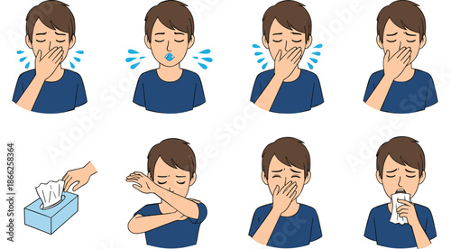 Cough and sneeze hygiene collection featuring flat vector designs of a man covering his mouth using tissues and elbow to prevent illness.