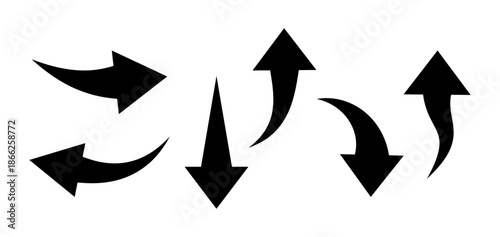 A set of short arrows, a black silhouette of a traffic navigation sign, isolated on a white background, vector illustration. A collection of different short direction indicators, orientations