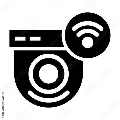 Smart camera with Wi-Fi icon, representing surveillance, monitoring, and security, flat vector illustration isolated on white background