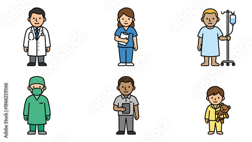 Diverse Medical Professionals and Patient Icons Doctor Nurse Surgeon Hospital Staff Child Patient with Teddy Bear Healthcare Team Characters Set