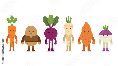 Cute Cartoon Root Vegetables with Faces Standing Together Healthy Eating Concept
