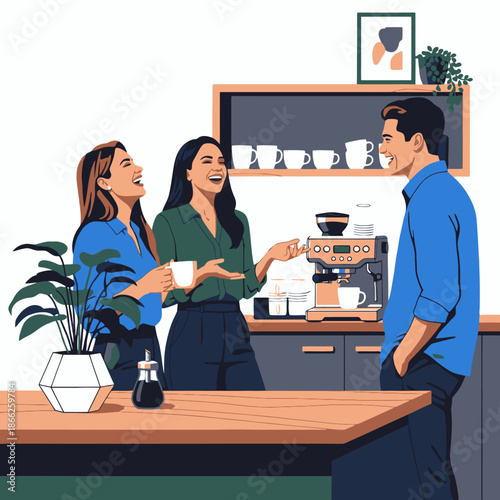 Flat 2D graphic illustration showing three young cheerful colleagues laughing and chatting animatedly near a contemporary office coffee station during a relaxed professional interaction break