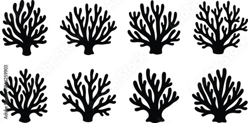 Black coral silhouette collection featuring various flat vector designs of underwater marine reef polyps for ocean sea life and aquatic nature design.