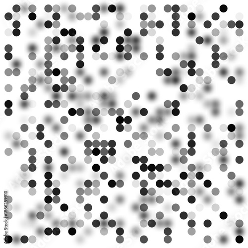 Black, white, and gray bokeh dot pattern, blurred circles creating a textured background for digital, modern, and artistic designs, flat vector illustration isolated on white background