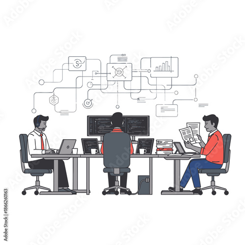 Professional team members coding, reviewing, and teleconferencing in a modern open plan office depicted in a vibrant 2D flat graphic style, illustrating seamless digital connectivity