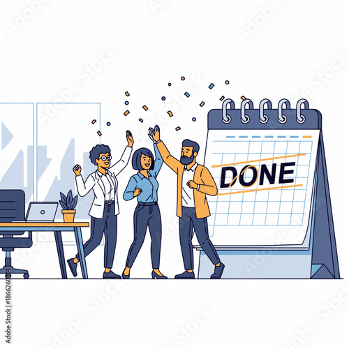 Triumphant flat 2D graphic team celebrating project success with enthusiastic high fives next to a giant Done calendar in a modern office, surrounded by subtle confetti