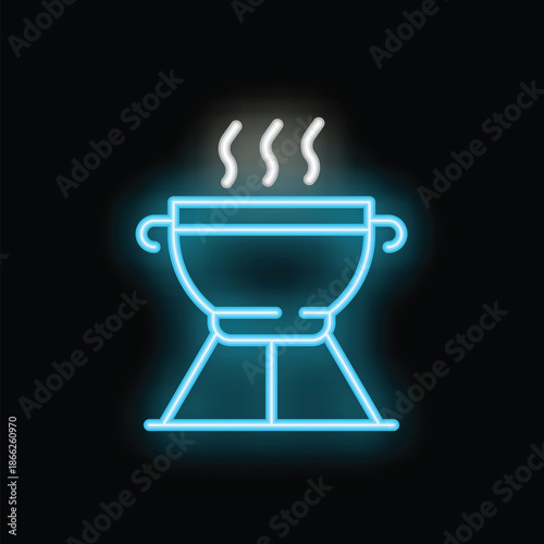 Bright blue neon sign of a barbecue grill smoking on a black background