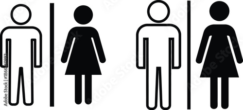 Simple Black and White Unisex Restroom Icons Featuring Man and Woman Symbols