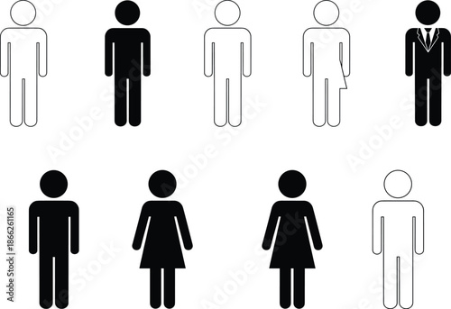 Human pictogram icon collection featuring black and white vector designs of male and female figures including a businessman and gender neutral symbols.