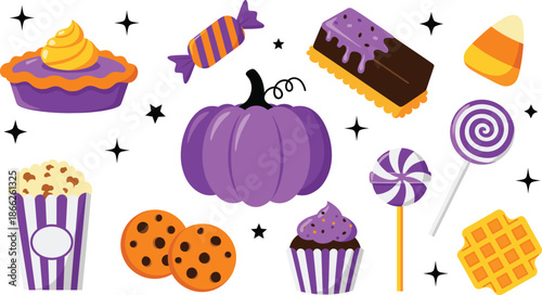 Halloween treat collection featuring flat vector designs of a purple pumpkin tart cookies candy lollipops popcorn and a cupcake for holiday celebration.