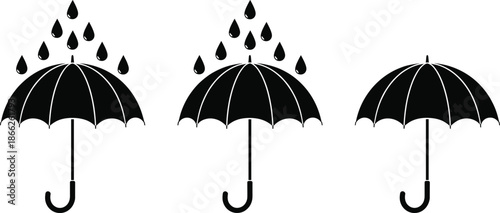 Umbrella rain silhouette vector set featuring weather protection symbols with falling raindrops in minimal black style