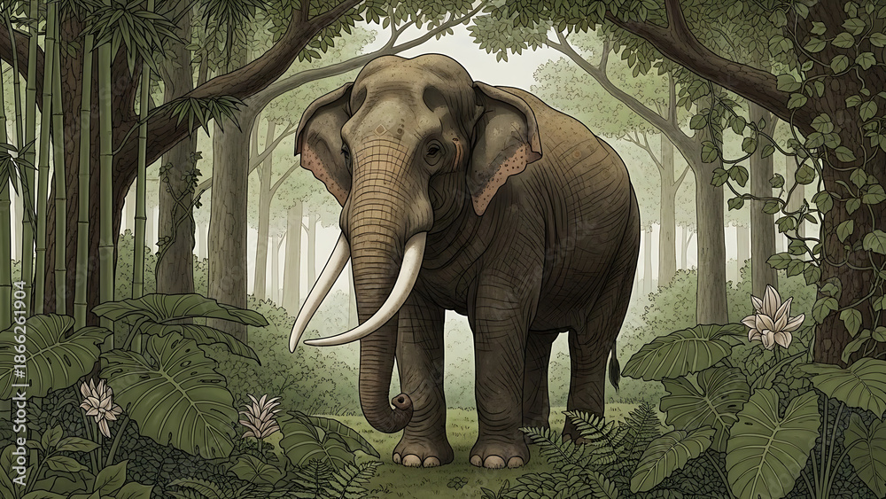 Fototapeta premium A majestic elephant standing in a lush forest surrounded by trees and greenery