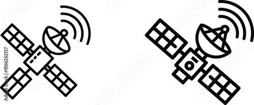 Two LineArt Satellites with Solar Panels and Signal Waves Illustration Isolated on White Background