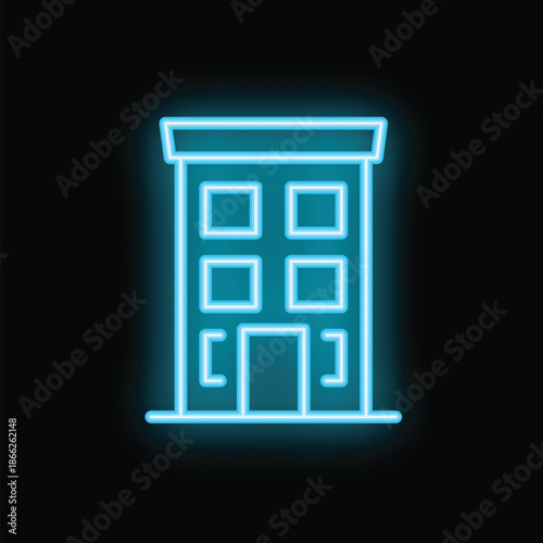 Glowing neon sign depicting a generic multistory building with an open front door