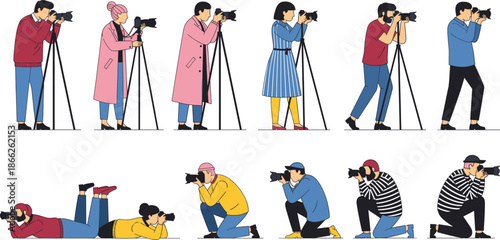 Photographers at Work Illustration Set Showing Professional and Amateur People Using Cameras, Tripods, and Creative Shooting Poses for Media and Photography Concepts