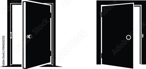 Two Black Doors, One Open with Door Handle, the Other Ajar, Isolated on White