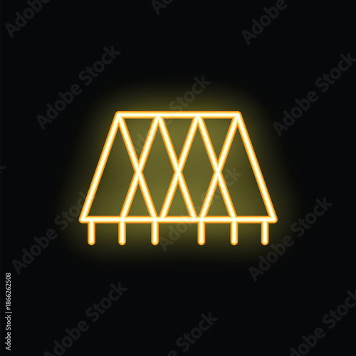 Bright yellow neon icon of a simple bridge is glowing on a black background
