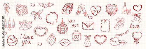 Whimsical coquette Set of doodle elements for Valentines day, wedding invitation, birthday card. Romantic vector cupid, heart, bow, sweet for packaging, postcard, sticker, scrapbooking, textile print.