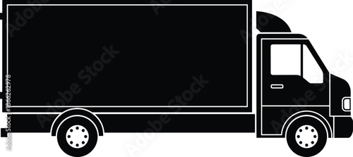Black delivery truck silhouette vector illustration, commercial freight vehicle icon for logistics and shipping, transport cargo van design element for distribution service.