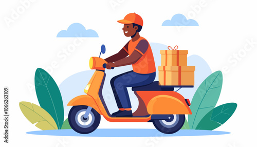Delivery man on a scooter carrying packages, conveying the essence of logistics and efficient shipping services