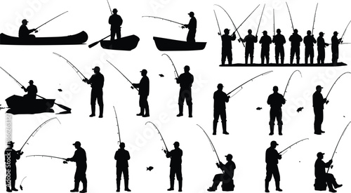 Black fishermen silhouette vector collection, anglers fishing from boats and shore with rods, hobby and sport activity icons for outdoor leisure designs.