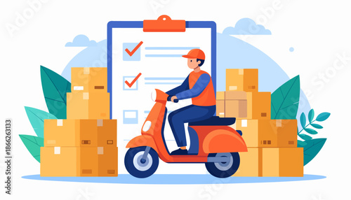 Express delivery service with a rider on a scooter surrounded by boxes and a checklist