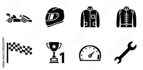 Black and white vector icons for karting and motorsport, featuring racing vehicles, safety gear, victory symbols, speed indicators, and tools, perfect for sportthemed designs and digital