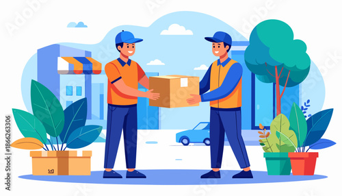 Delivery service, package handoff between two smiling men in an urban setting with trees and buildings in the background