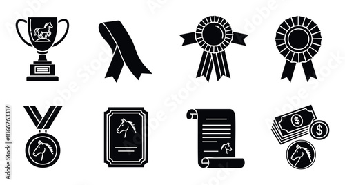Comprehensive collection of equestrian awards and horse racing competition prizes in a striking silhouette style, perfect for sports event recognition and achievement symbols.
