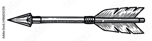 A striking black and white woodcut style arrow points forward with textured details on the shaft and fletching, ideal for historical themes, adventure games, or target practice concepts.