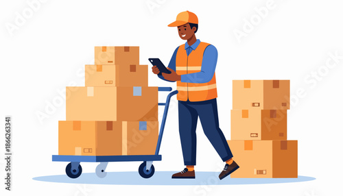 Delivery man with cart and packages, ready for shipment and logistics operations in a warehouse environment, modern e-commerce and parcel service concept illustration