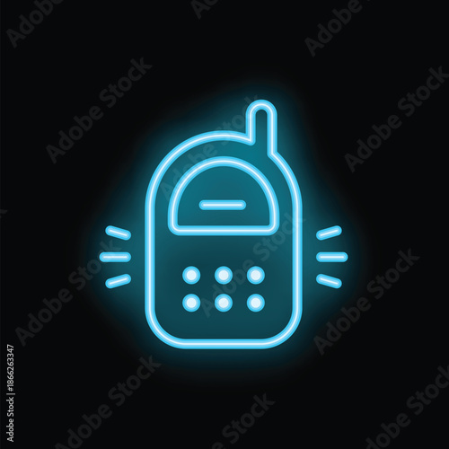 Blue neon baby monitor icon glowing in the dark, representing safety and technology for babies